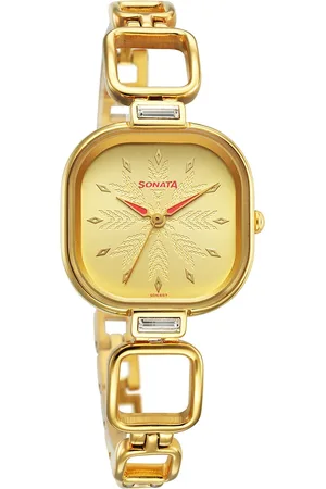 Sonata Women Brass Dial & Stainless Steel Bracelet Style Straps Analogue Watch 8186YM01