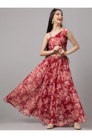 Inddus Girls Red & Peach-Coloured Floral Printed Ready to Wear Lehenga & Choli