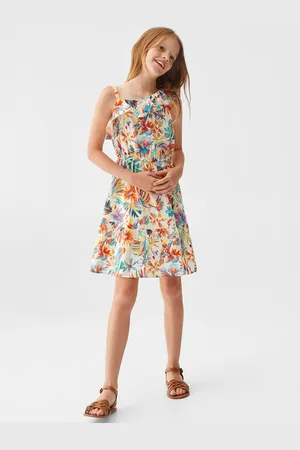 MANGO Floral Print Ruffled Detail Pure Cotton Fit & Flare Dress