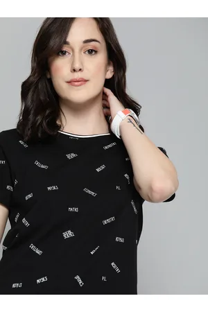 HARVARD Women Black White Printed Round Neck Pure Cotton T-shirt