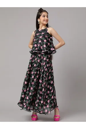 Inddus Girls Black Floral Printed Ready to Wear Lehenga & Choli