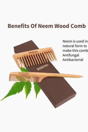 BodyHerbals Set Of 2 Anti Static Handmade Neem Wood Wide Tooth Comb & Tail Comb