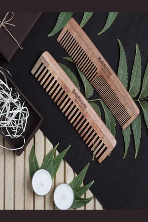 BodyHerbals Set Of 2 Anti Static Handmade Neem Wood Double Tooth & Wide Tooth Comb
