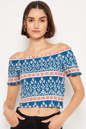 MADAME Floral Printed Off-Shoulder Smocked Bardot Crop Top