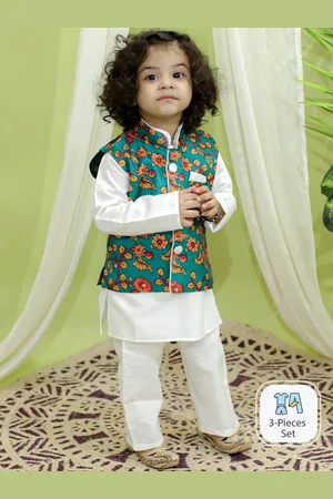 BownBee Boys Mandarin Collar Regular Kurta with Pyjamas And Printed Nehru Jacket