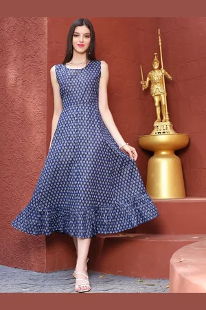 Sera Navy Blue Ethnic Motifs Printed Cotton A-Line Midi Dress