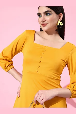 HERE&NOW Solid Square Neck Bishop Sleeves Fit & Flare Mini Dress With Button Detail