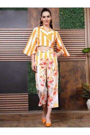 ATHENA White & Orange Striped Notched Lapel Collar Flared Sleeve Top With Trousers Co-Ords