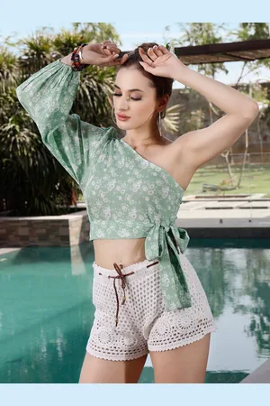 Sera Green & White Floral Printed One Shoulder Crop Top