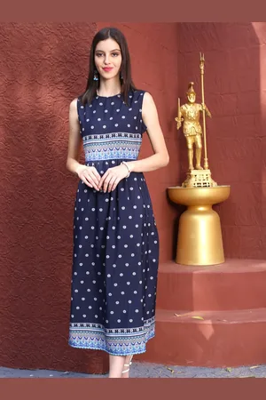 Sera Navy Blue Ethnic Motif Printed A-Line Midi Ethnic Dress