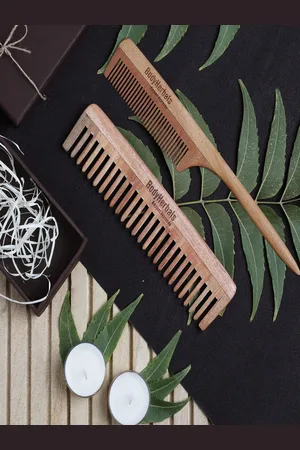 BodyHerbals Set Of 2 Anti Static Handmade Neem Wood Wide Tooth Comb and Tail Comb