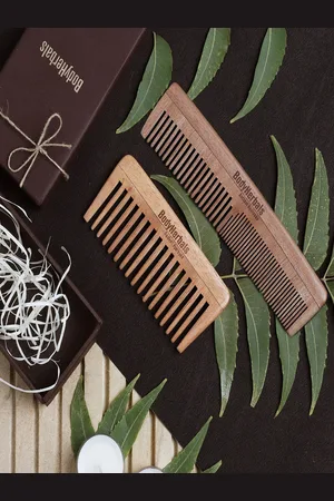 BodyHerbals Set Of 2 Anti Static Handmade Neem Wood Wide Tooth & Double Tooth Comb