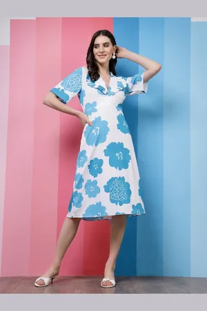 ATHENA Blue Floral Printed V-Neck Tie-Ups Detail A-Line Dress