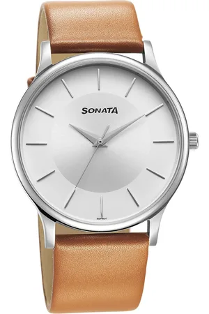 Sonata Men Brass Dial & Leather Straps Analogue Watch 77105SL16W
