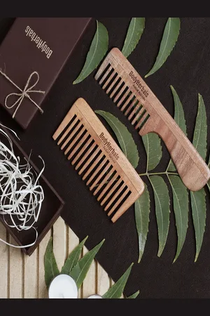 BodyHerbals Set Of 2 Anti Static Handmade Neem Wood Wide Tooth Travel Comb - Rake Comb