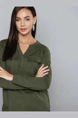 Chemistry Women Olive Green Henley Top with Pockets