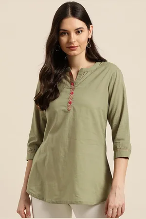 Sangria Olive Green Pure Cotton Shirt Style Top