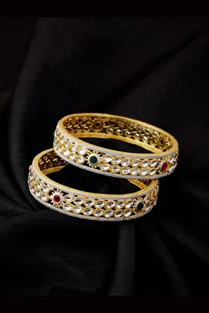 ATIBELLE Set Of 2 Gold Plated Kundan Stone Studded Bangles