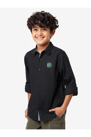 BONKIDS Boys Spread Collar Casual Cotton Shirt With Hulk Embroidery