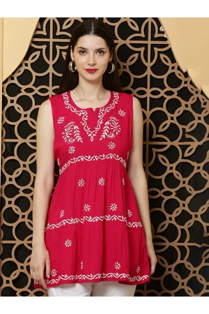 FAWOMENT Floral Embroidered Thread Work Detailed A-Line Kurta
