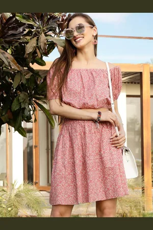 Sera Pink Floral Printed Off Shoulder Neck Top With Flared Skirt