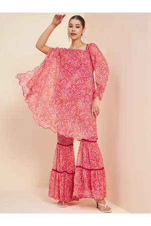 Antheaa Pink Floral Printed A-Line Kurta With Sharara