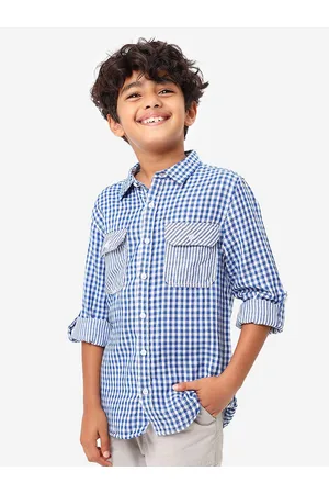 BONKIDS Boys Gingham Checked Spread Collar Casual Cotton Shirt