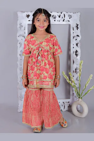 Ka-mee Girls Floral Printed Empire Gotta Patti Pure Cotton Kurta with Sharara