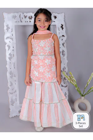 Ka-mee Girls Floral Printed Gotta Patti Pure Cotton Kurti with Sharara & Dupatta