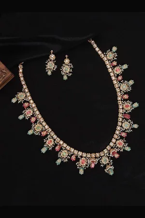ABDESIGNS Gold-Plated Jaipuri Beads Stone Necklace With Pair Of Earrings