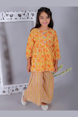 Ka-mee Girls Floral Printed Empire Gotta Patti Pure Cotton Kurti With Sharara