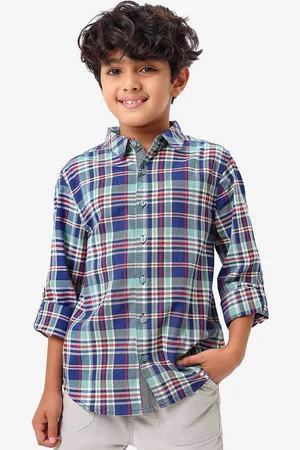 BONKIDS Boys Tartan Checked Spread Collar Casual Cotton Shirt
