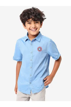 BONKIDS Boys Spread Collar Casual Cotton Shirt With Captain America Embroidery