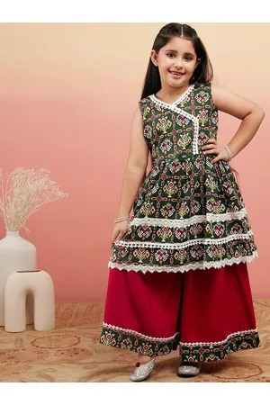 Sangria Girls Green Ethnic Motifs Printed Pure Cotton Angrakha Kurta With Sharara