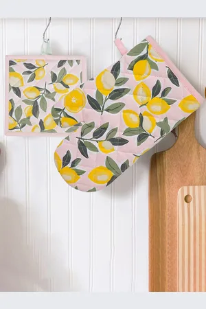 Anko Yellow & Pink Lemon-Printed 200 GSM Cotton Oven Glove & Pot Holder