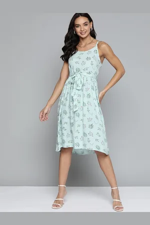 HERE&NOW Women Green Floral Printed A-Line Midi Dress