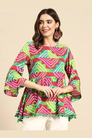 Sangria Bandhani Printed Pom Pom Detail Peplum Top