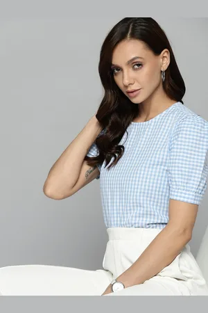 Chemistry Women Blue & White Pure Cotton Summer Checks Puff Sleeves Top