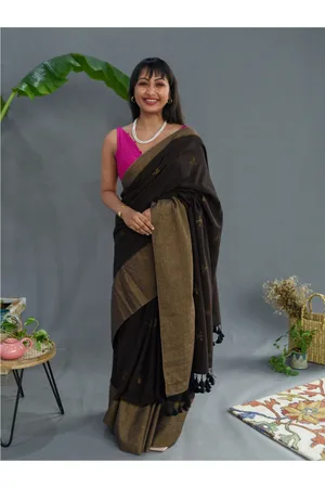 Suta Brown Floral Woven Design Zari Pure Cotton Saree