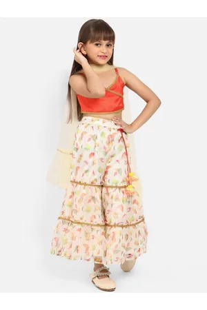 Nauti Nati Girls Floral Printed Gotta Patti Top & Sharara With Dupatta