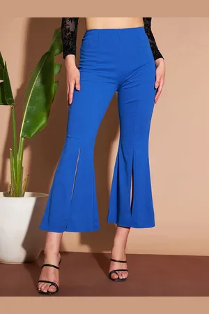 marie claire Women Blue High-Rise Plain Knitted Cropped Side Slits Bootcut Trousers