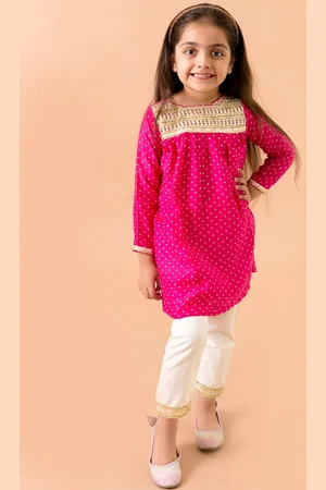 Fairies Forever Girls Pink Embroidered Panelled Pure Cotton Kurti with Trousers