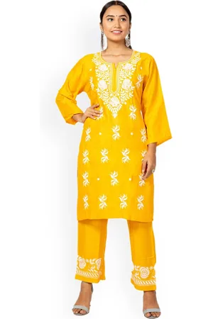 FAWOMENT Floral Embroidered Chikankari Kurta With Palazzos