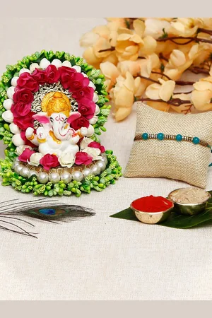 eCraftIndia Rakhi With Lord Ganesha Idol On Floral Plate & Roli Chawal Pack