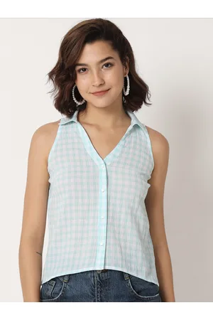 CHARMGAL Checked Sleeveless Cotton Shirt Style Top