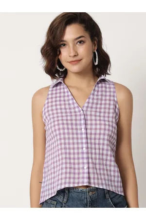 CHARMGAL Checked Sleeveless Cotton Shirt Style Top