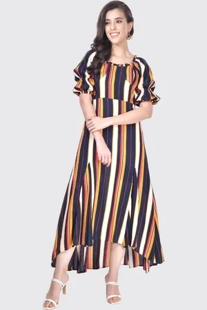 BEATNIK Striped Round Neck Short Sleeves High Low A-Line Dress