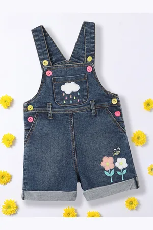 Nauti Nati Girls Applique Work Pure Cotton Denim Dungaree