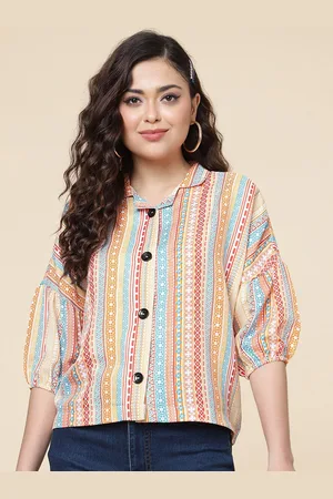 CLEMIRA Striped Print Shirt Collar Puff Sleeve Top