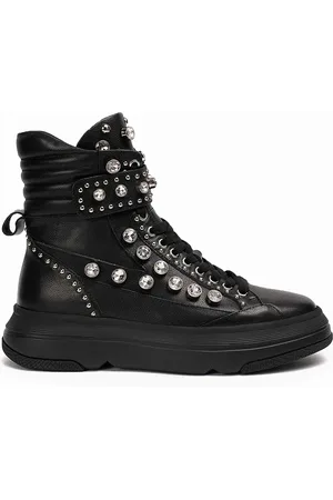 SAINT G. Women Black Embellished Leather Flat Boots